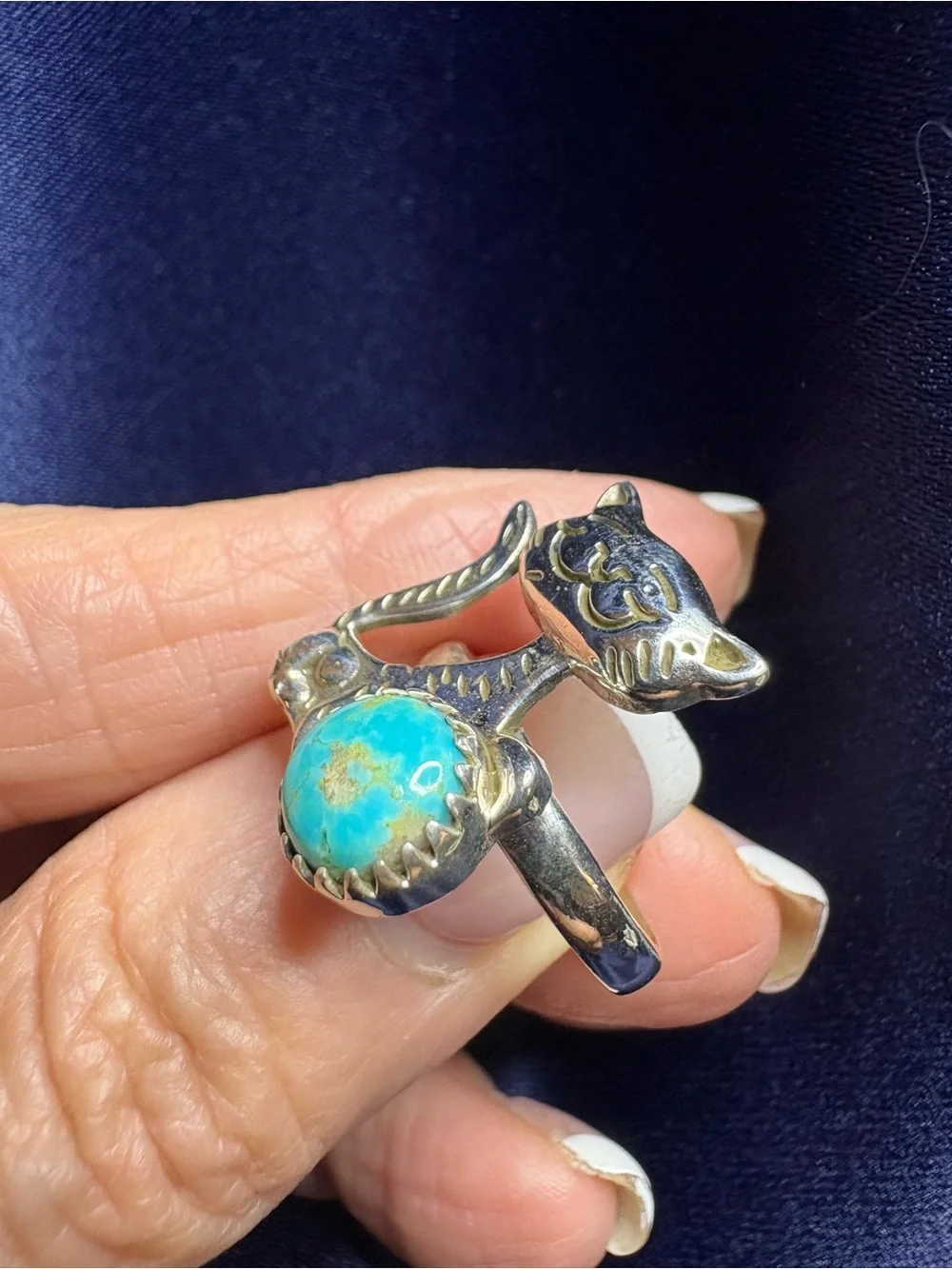 Ring Genuine Turquoise 925 Sterling Silver Cat Pet Animal